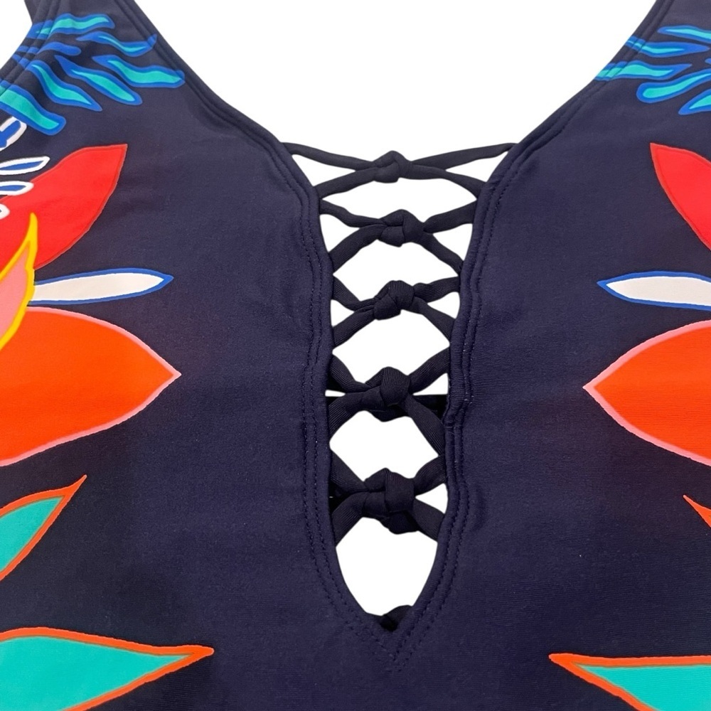 Women’s Bleu By Rod Beattie Navy Tropical Floral Lace Up Plunging Swimsuit — 6 - Picture 7 of 11